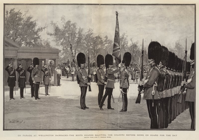 Na přehlídce ve Wellingtonových kasárnách skotská garda zdravila barvy, než odešla do Guard for the Day od Charles Morel