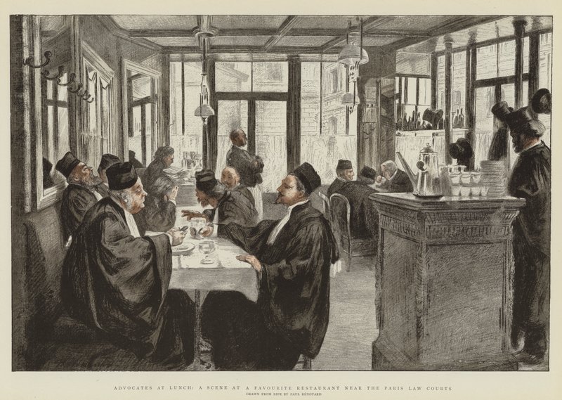 Advocates at Lunch, scéna v oblíbené restauraci poblíž pařížských soudních dvorů (chromolitho) od Charles Paul Renouard