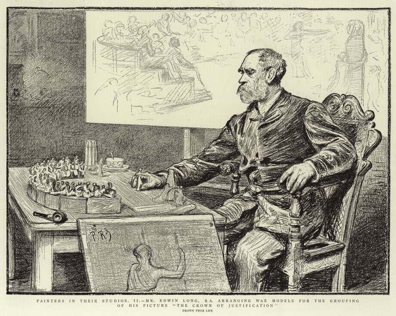 Malíři ve svých ateliérech II, pan Edwin Long, RA, aranžující voskové modely pro seskupení svého obrazu Koruna ospravedlnění od Charles Paul Renouard