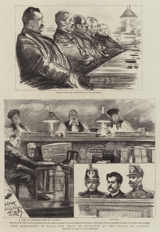 Anarchisté v Paříži, proces s Ravacholem v Palais de Justice od Charles Paul Renouard