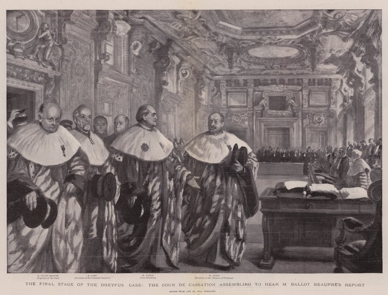 Poslední fáze případu Dreyfus, Cour de Cassation se shromažďuje, aby si vyslechl zprávu MY Ballot Beaupre Report od Charles Paul Renouard