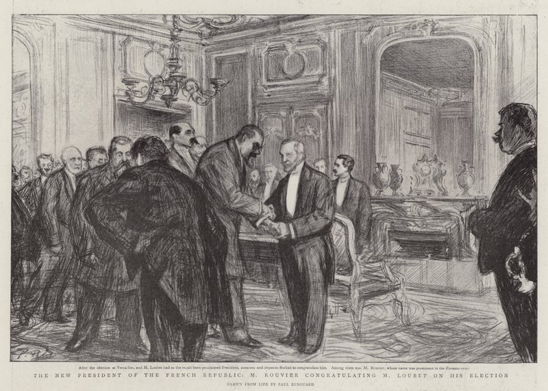 Nový prezident Francouzské republiky M. Rouvier blahopřeje M. Loubetovi k jeho zvolení od Charles Paul Renouard