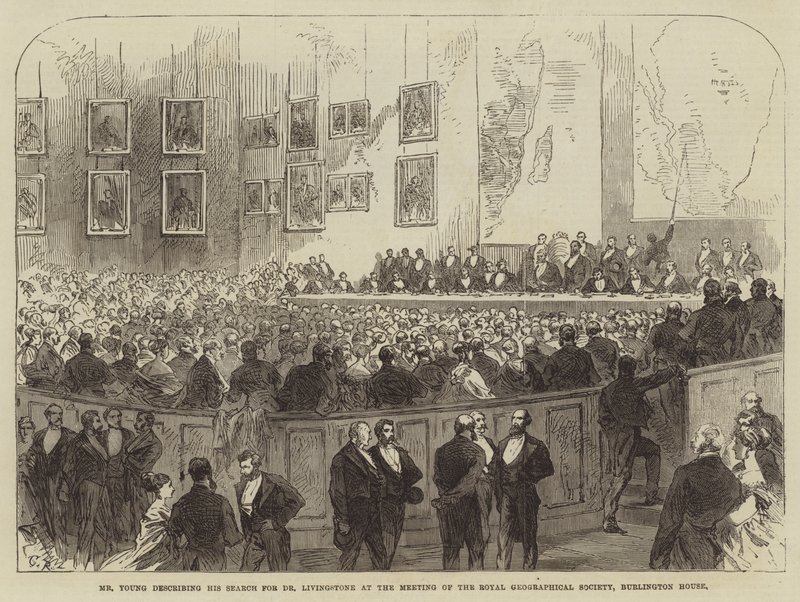 Pan Young popisuje své hledání doktora Livingstone na setkání Královské geografické společnosti v Burlington House od Sir John Charles Robinson