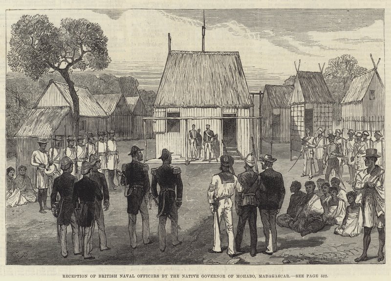 Přijetí britských námořních důstojníků domorodým guvernérem Mohabo, Madagaskar od Sir John Charles Robinson