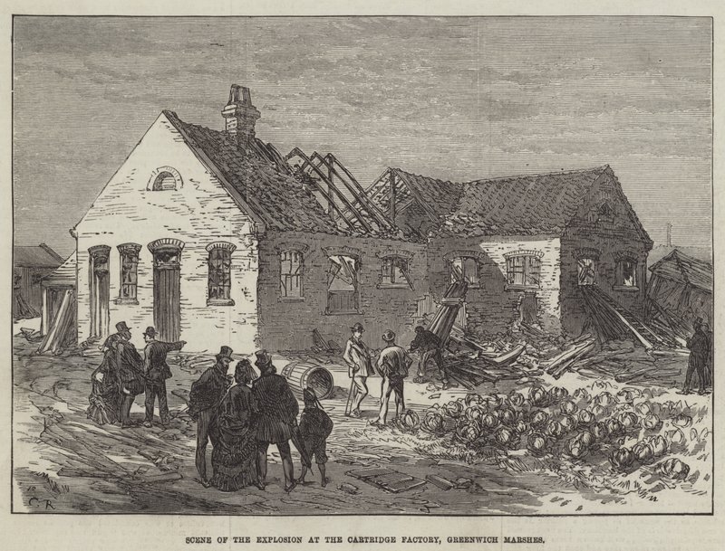 Scéna exploze v továrně na kazety, Greenwich Marshes od Sir John Charles Robinson