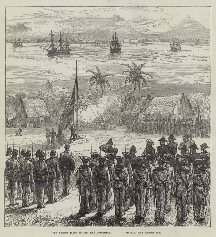 Britská flotila v San Jose, Guatemala, zdravila britskou vlajku od Sir John Charles Robinson