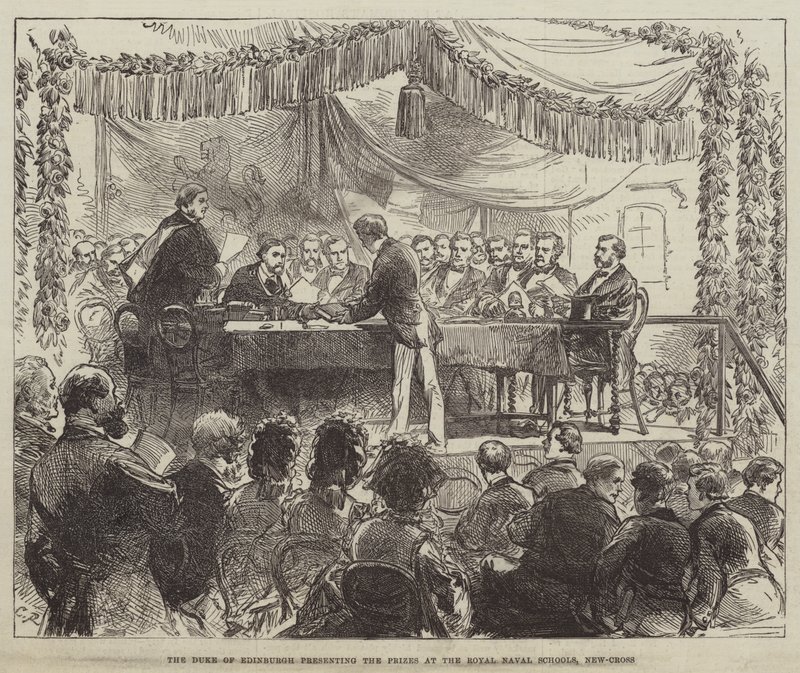 Vévoda z Edinburghu předává ceny na Royal Naval Schools, New-Cross od Sir John Charles Robinson