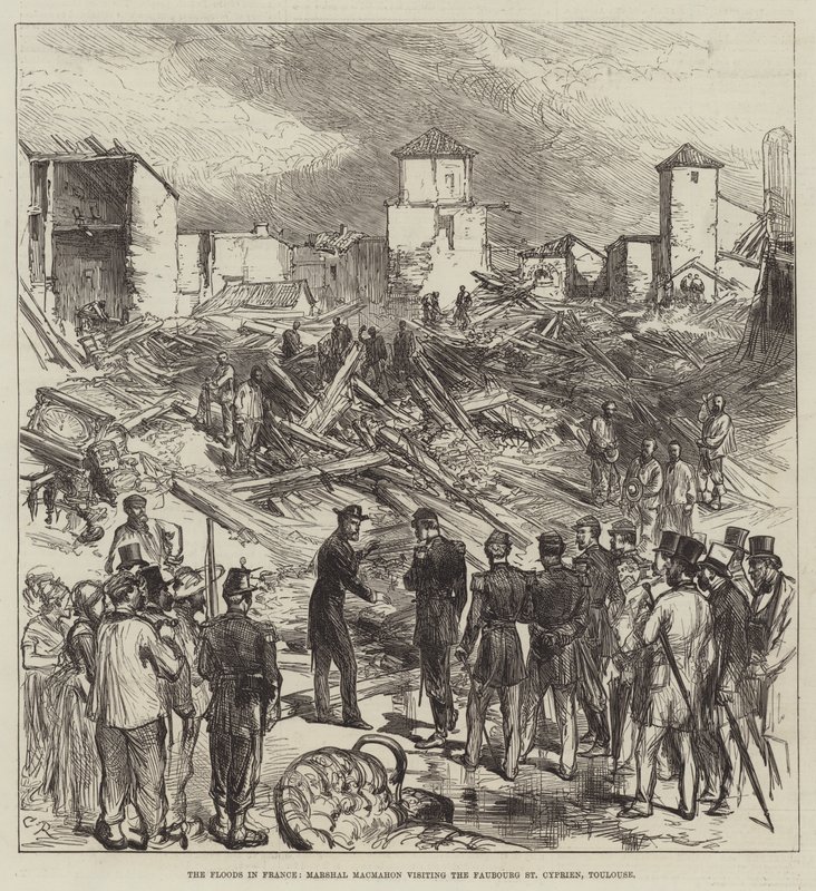 Povodně ve Francii, maršál Macmahon na návštěvě Faubourg St Cyprien, Toulouse od Sir John Charles Robinson