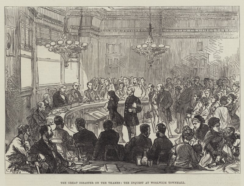 Velká katastrofa na Temži, vyšetřování na Woolwich Townhall od Sir John Charles Robinson