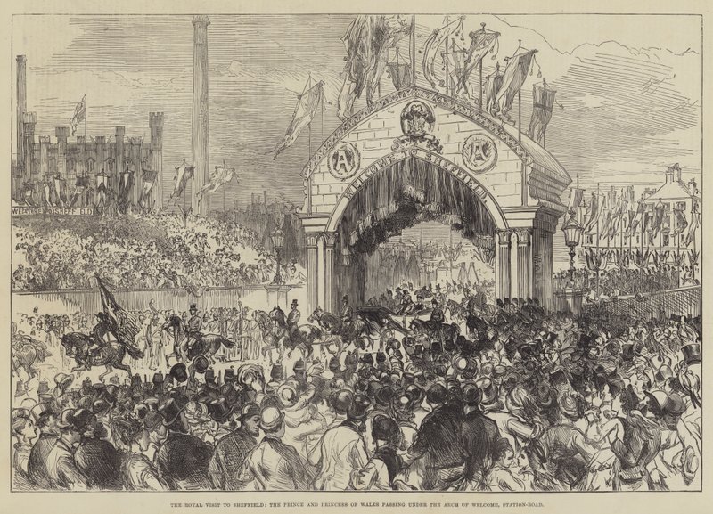 Královská návštěva Sheffieldu, princ a princezna z Walesu procházející pod obloukem vítání, Station-Road od Sir John Charles Robinson