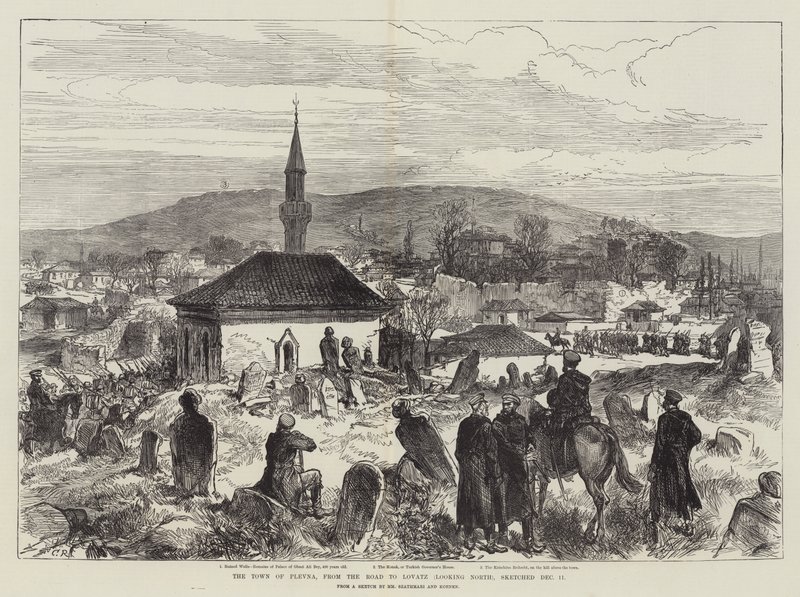 Město Plevna, od Road to Lovatz (pohled na sever), načrtnuté 11. prosince od Sir John Charles Robinson