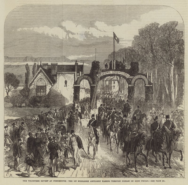 The Volunteer Review v Portsmouthu, 1. Middlesex Artillery procházející Coshamem na Velký pátek od Sir John Charles Robinson