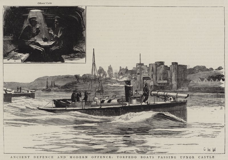 Starobylá obrana a moderní útok, Torpédové lodě proplouvající kolem hradu Upnor od Charles William Wyllie