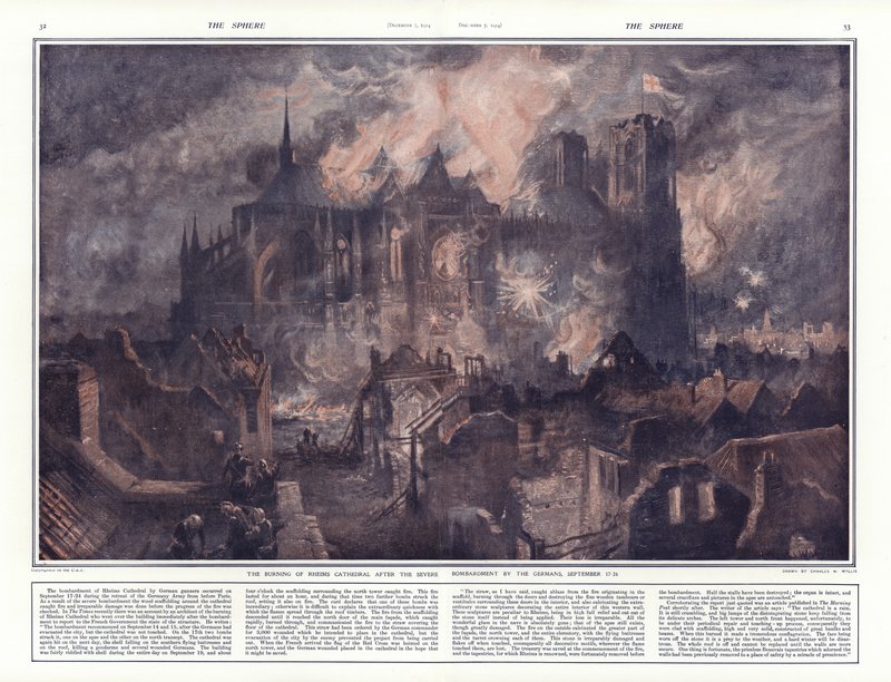 Hořící katedrála v Remeši po těžkém německém bombardování, 17.-24. září 1914 od Charles William Wyllie