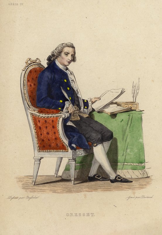Portrét Jean Baptiste Gresset (barevná rytina) od Charles Abraham Chasselat