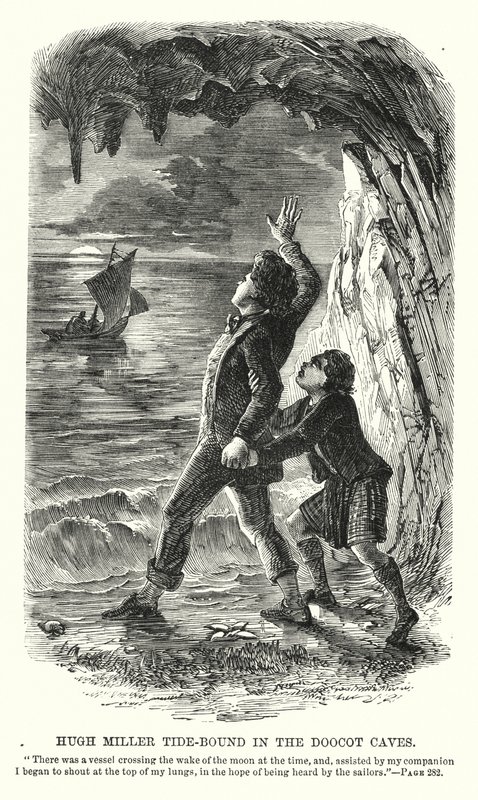 Hugh Miller s přílivem v Doocot Caves (rytina) od Charles Altamont Doyle