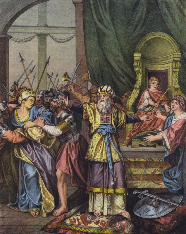 Judská královna Atalia vyhnána z chrámu a nahrazena vládcem Joašem (barva litho) od Charles Antoine (after) Coypel