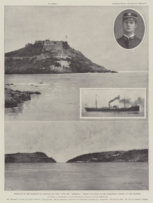 Vjezd do přístavu Santiago de Cuba; s Merrimacem, který byl potopen v nejužší části kanálu od Charles Auguste Loye