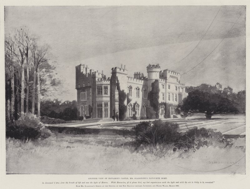 Život Williama Ewarta Gladstona, další pohled na hrad Hawarden, oblíbený domov pana Gladstona od Charles Auguste Loye