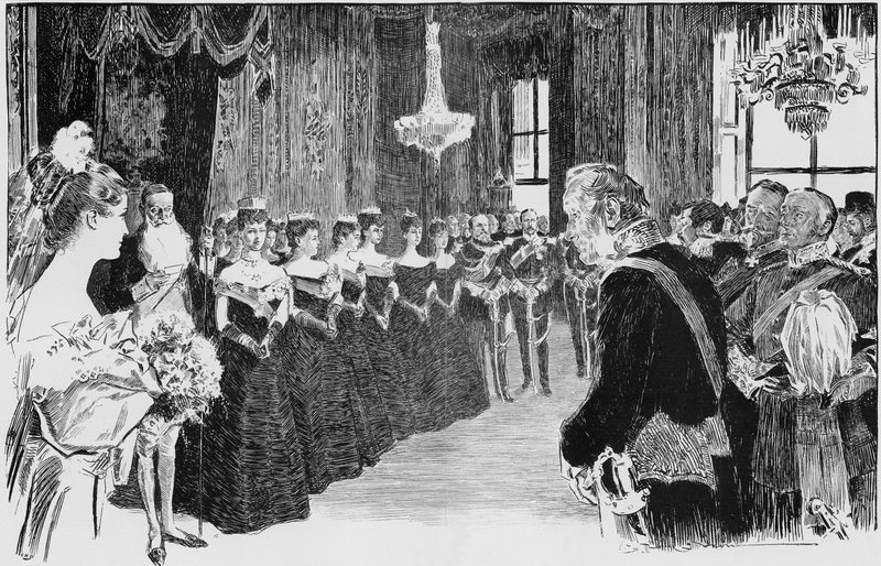 První pohled debutantky na královskou rodinu, scéna v královnině salonu od Charles Dana Gibson