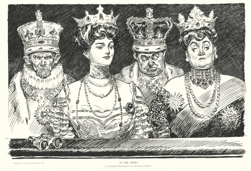 Když v opeře nosí korunu ženy, proč by ji neměli nosit muži (litografie) od Charles Dana Gibson