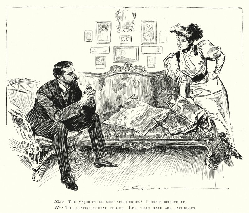 Muži jsou hrdinové - méně než polovina jsou mládenci (litho) od Charles Dana Gibson