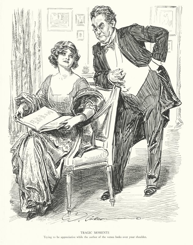 Tragické okamžiky, Snaha být vděčný, zatímco autor veršů se vám dívá přes rameno (litografie) od Charles Dana Gibson