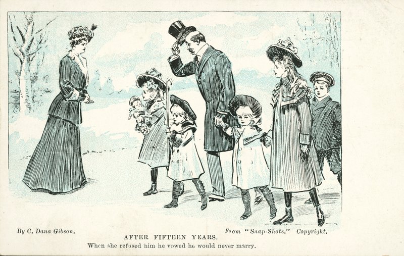 Setkání ženy s mužem, kterého odmítla vdát a který přísahal, že se nikdy neožení (color litho) od Charles Dana Gibson