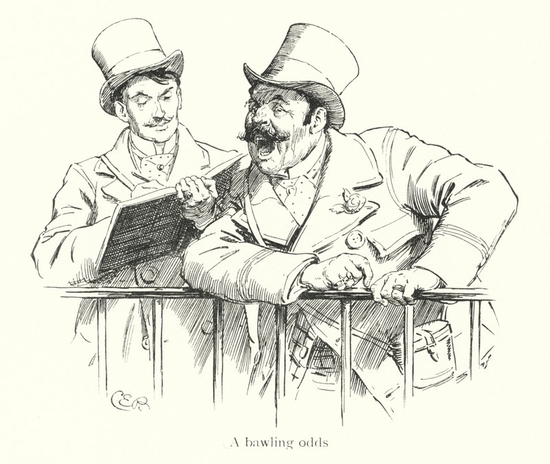 Bookmaker křičí na kurzy na závodní dráze (rytina) od Charles Edmund Brock