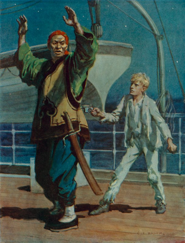 Chlapec držící čínského piráta se zbraní v ruce, scéna z Hai Ping the Pirate (barevné litho) od Charles Edmund Brock