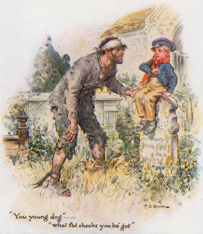 Velká očekávání, Pip narazí na trestance na hřbitově od Charles Edmund Brock