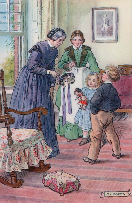 Ilustrace pro čepici slečny Beulahové od Rose Terry Cookeové od Charles Edmund Brock