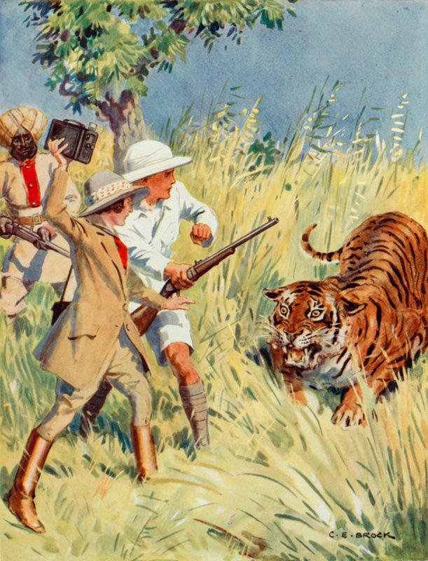 Lov tygra v Indii, scéna z The Other Tiger (barevné litho) od Charles Edmund Brock