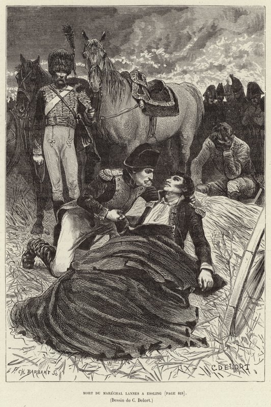 Mort du Marechal Lannes a Essling; Napoleon a umírající maršál Lannes v bitvě u Aspern-Essling v Rakousku od Charles Edouard Delort