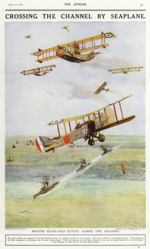 Britské hydroplány létající přes Lamanšský průliv (barva litho) od Charles Edward (after) Dixon
