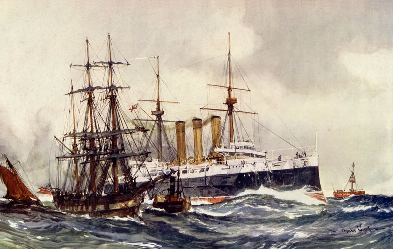HMS Kent proplouvající South Sand Lightship od Charles Edward Dixon