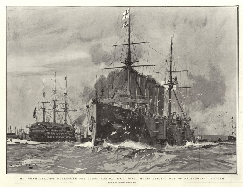 Odjezd pana Chamberlaina do Jižní Afriky, H M S Good Hope vyjíždějící z přístavu Portsmouth od Charles Edward Dixon