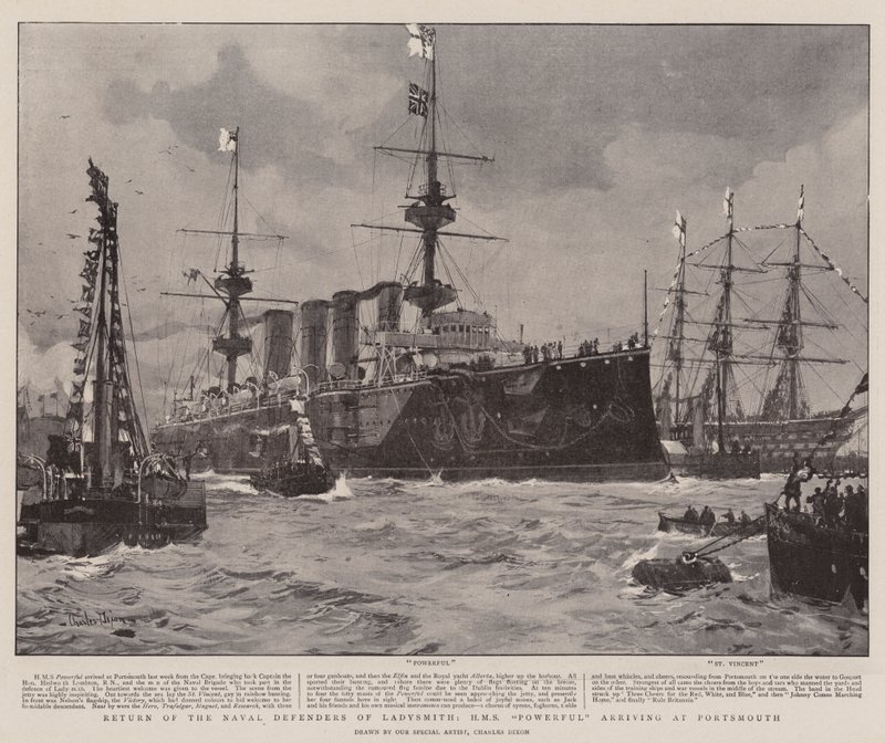 Návrat námořních obránců Ladysmith, HMS Powerful připlouvající do Portsmouthu od Charles Edward Dixon