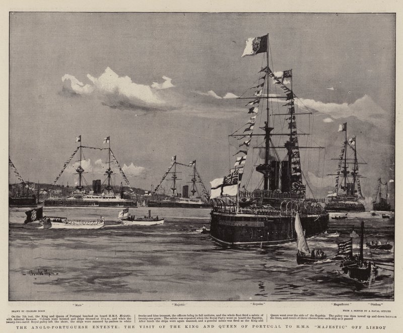 Anglo-portugalská dohoda, návštěva portugalského krále a královny na lodi H M S Majestic u Lisabonu od Charles Edward Dixon