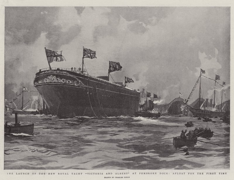 Start nové královské jachty Victoria and Albert v doku Pembroke, poprvé na hladině od Charles Edward Dixon
