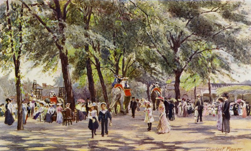 London Zoo: Broad Walk, se slony (barevné lito) od Charles Edwin Flower
