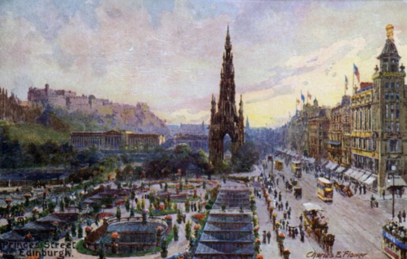 Princes Street, Edinburgh, Skotsko (barevné lito) od Charles Edwin Flower