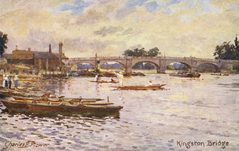 Řeka Temže: Kingston Bridge (barevná litografie) od Charles Edwin Flower