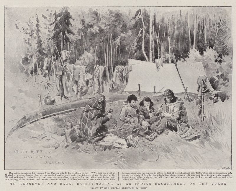 Na Klondyke a zpět, košíkářství v indickém tábořišti na Yukonu (litho) od Charles Edwin Fripp