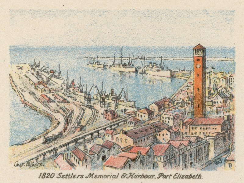 Jižní Afrika: Památník osadníků a přístav, Port Elizabeth, 1820 (barevná litografie) od Charles Ernest Peers
