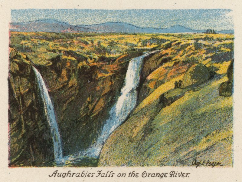 Jihoafrická republika: Vodopády Aughrabies na řece Orange (barevná litografie) od Charles Ernest Peers