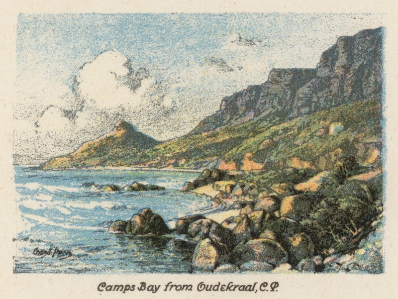 Jihoafrická republika: Camps Bay z Oudekraalu, CP (barevná litografie) od Charles Ernest Peers