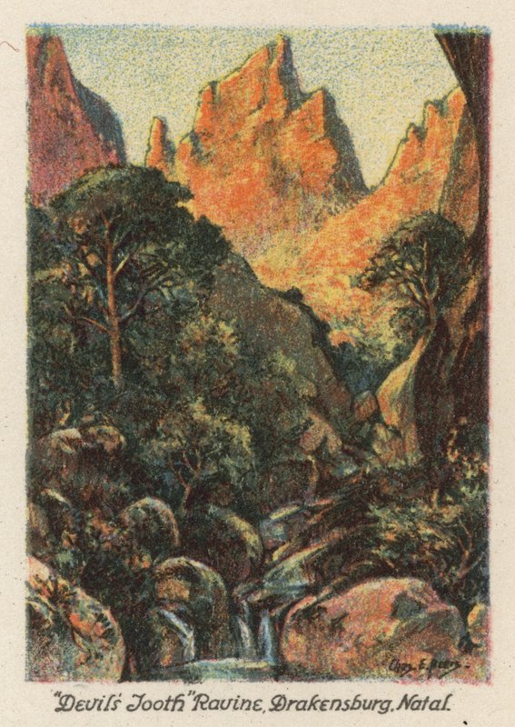 Jižní Afrika: "Ďáblův zub", rokle, Drakensburg, Natal (barevná litografie) od Charles Ernest Peers