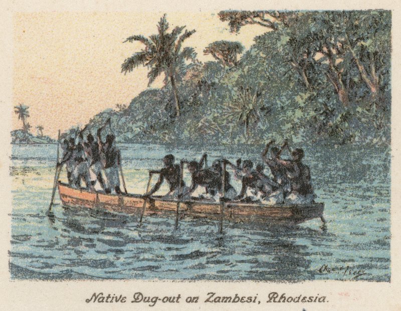 Jihoafrická republika: Domorodý dug-out na Zambesi, Rhodesie (barevná litografie) od Charles Ernest Peers