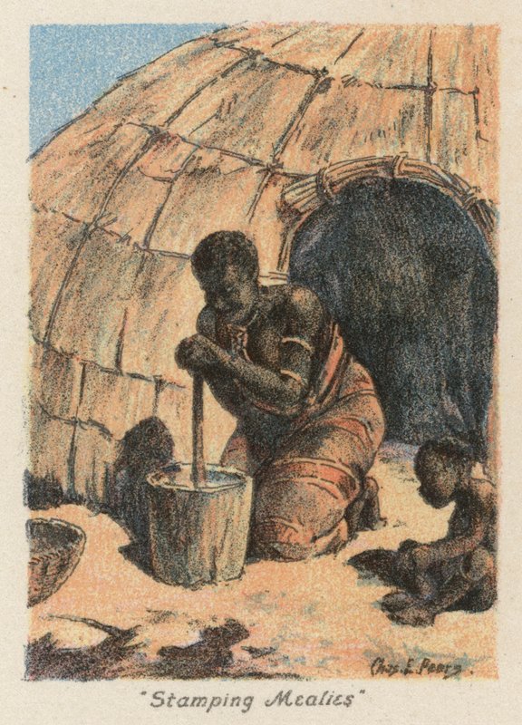 Jižní Afrika: "Stamping Mealies" (barevná litografie) od Charles Ernest Peers